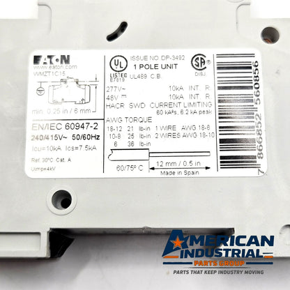 Eaton WMZT1C15 1-pole 15A C-curve UL 489 miniature circuit breaker 277VAC DIN rail for industrial control panels