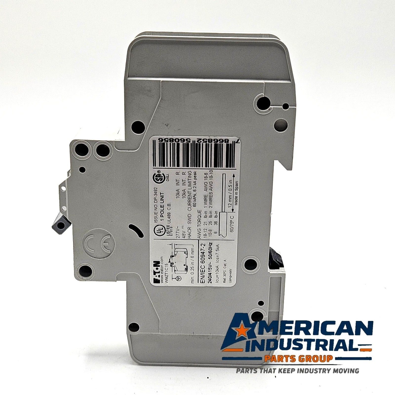 Eaton WMZT1C15 1-pole 15A C-curve UL 489 miniature circuit breaker 277VAC DIN rail for industrial control panels