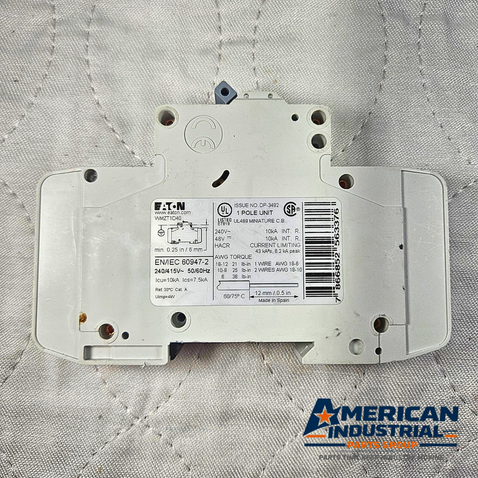 Eaton WMZT1D40 miniature circuit breaker 40A 1-pole DIN rail 240/415V for industrial electrical panels and MRO applications