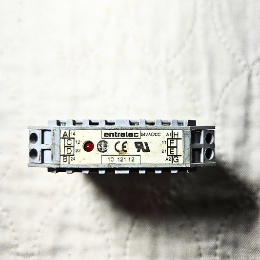 Entrelec 10 121.12 relay module 24VAC/DC slim DIN rail with LED indicator for industrial control panels and automation systems