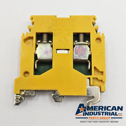 Entrelec 5114 M6/8P ground terminal block label view for industrial automation and MRO DIN rail wiring applications. American Industrial Parts Group.