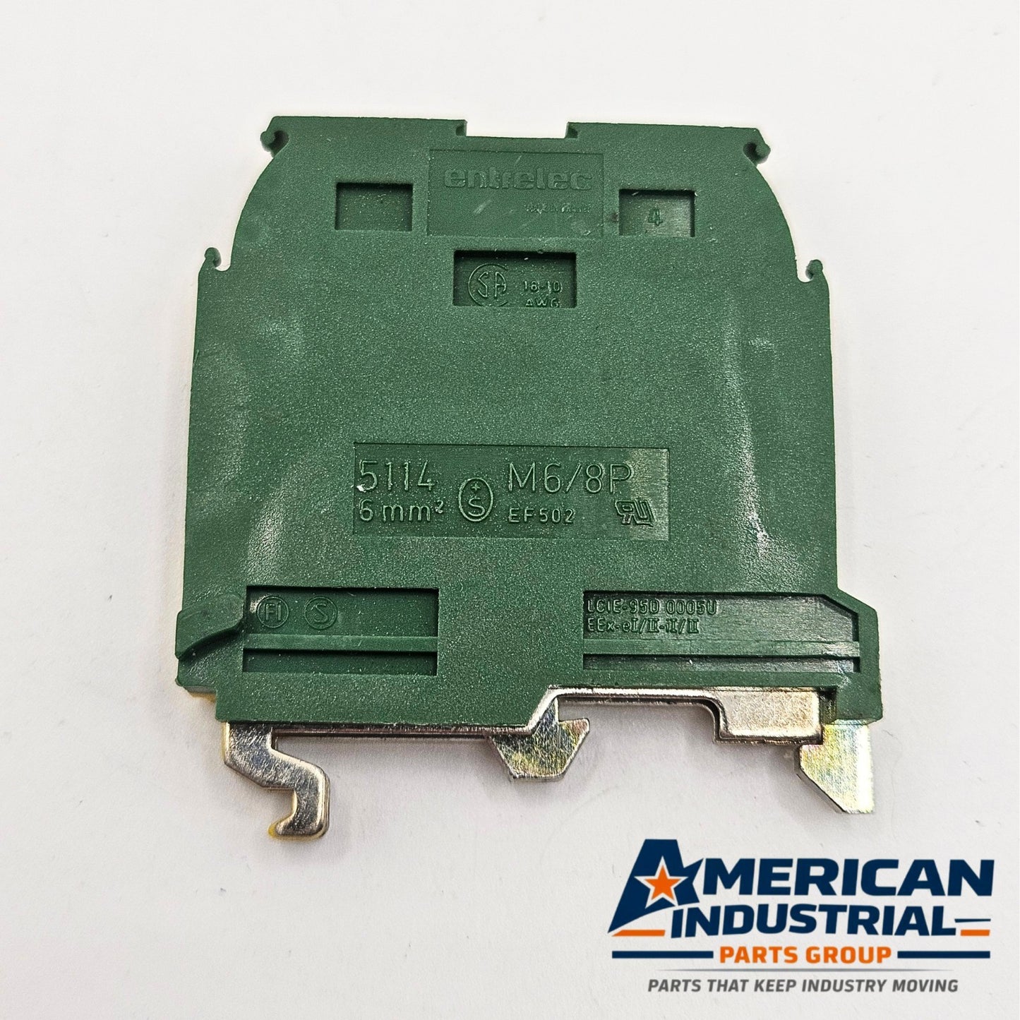 Entrelec 5114 M6/8P ground terminal block side view for industrial automation and MRO DIN rail wiring applications. American Industrial Parts Group.