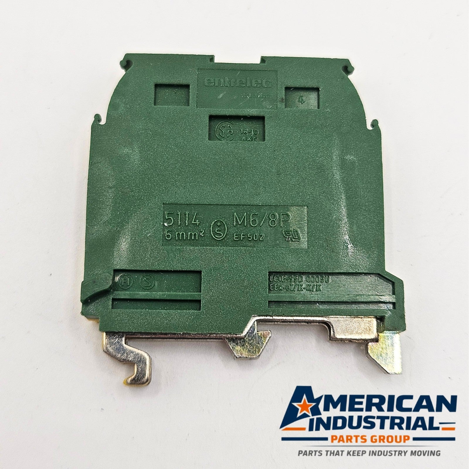 Entrelec 5114 M6/8P ground terminal block side view for industrial automation and MRO DIN rail wiring applications. American Industrial Parts Group.