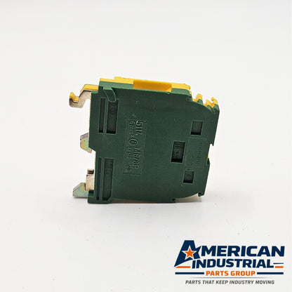 Entrelec 5114 M6/8P used ground terminal block for industrial automation and MRO DIN rail wiring applications. American Industrial Parts Group.