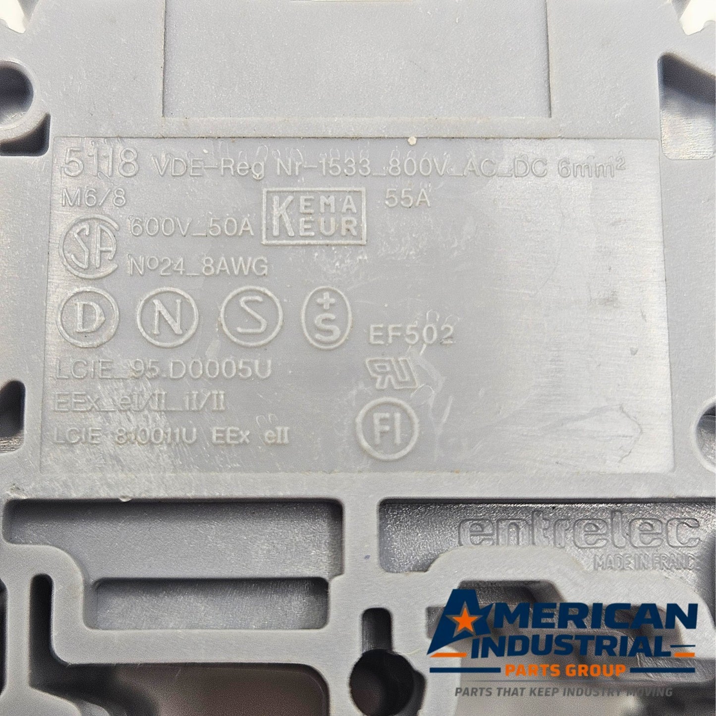 Entrelec 5118 M6/8 feed through terminal block for MRO applications. American Industrial Parts Group.