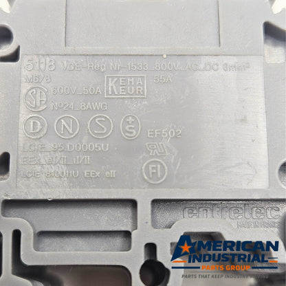 Entrelec 5118 M6/8 feed through terminal block for MRO applications. American Industrial Parts Group.