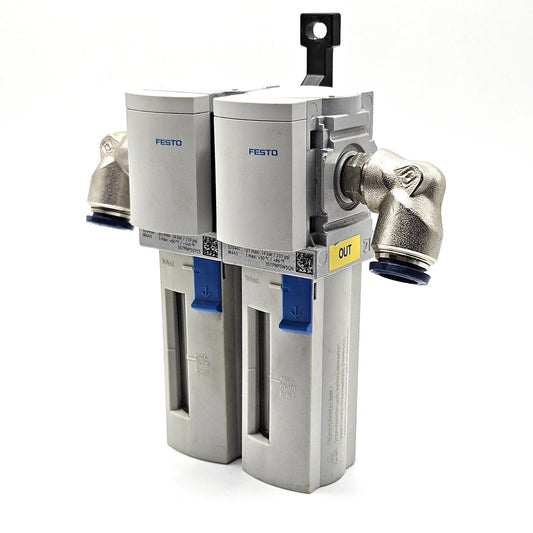 Festo MS4-LFM-1/4-A-R-M and MS4-LFX-1/4-R 2-stage compressed air filter set with micro and activated carbon filters for pneumatic air preparation