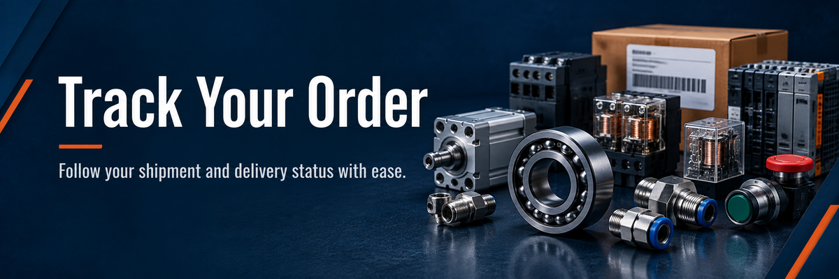 Track Your Order banner with industrial automation and MRO parts including bearings, relays, contactors and pneumatic fittings