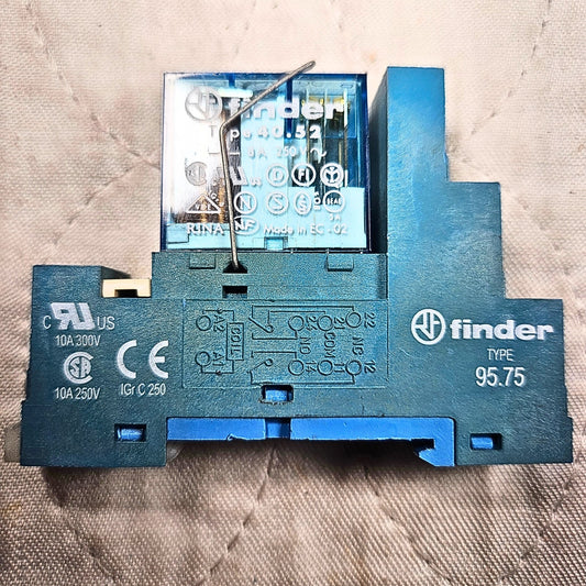 Finder 40.52 relay with 95.75 socket 24VAC/DC DIN rail for industrial control panels and automation systems