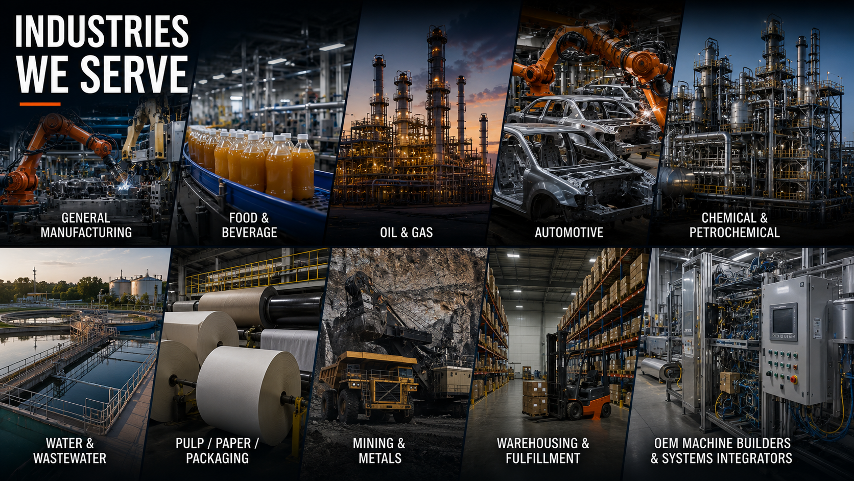 Industries We Serve banner showing general manufacturing, food and beverage, oil and gas, automotive, chemical, water, packaging, mining, warehousing, and OEM industrial sectors served by American Industrial Parts Group.