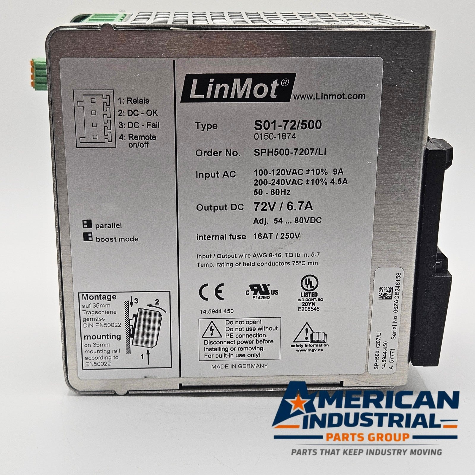 LinMot S01-72/500 SPH500-7207/LI DIN rail power supply 72VDC 6.7A for industrial automation and motion control systems