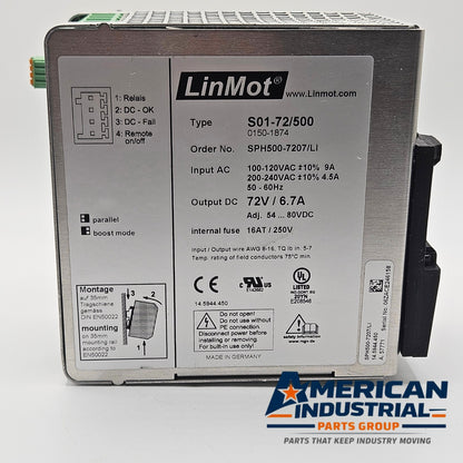 LinMot S01-72/500 SPH500-7207/LI DIN rail power supply 72VDC 6.7A for industrial automation and motion control systems