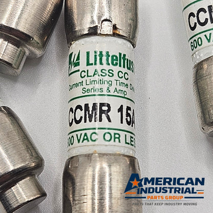 Littelfuse CCMR15 15A 600VAC Class CC dual-element time-delay fuse for motor circuits and industrial control panels