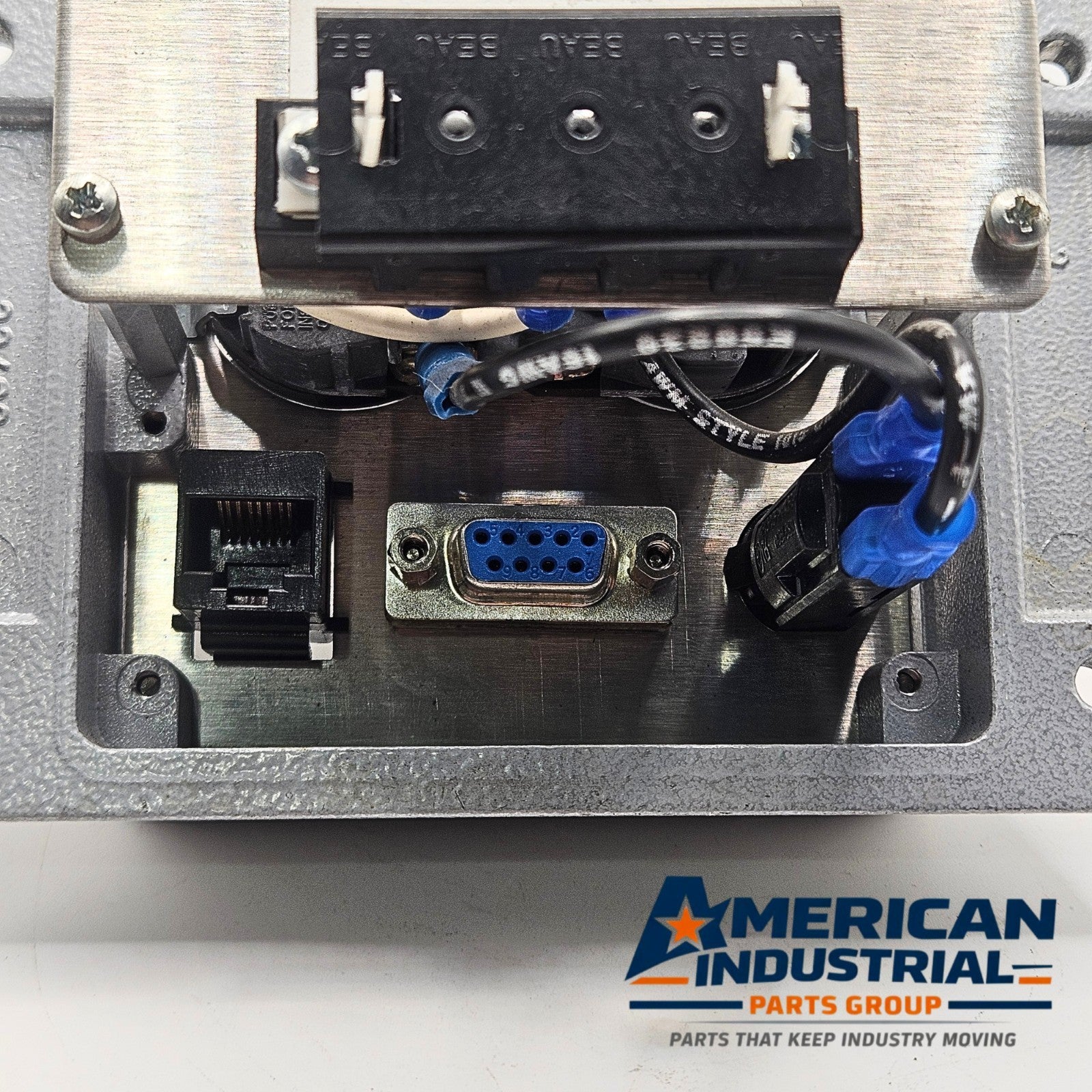 Mencom DP-DB9-RJ45-R-32 panel interface connector with DB9 and RJ45 programming port for industrial control panels and automation systems
