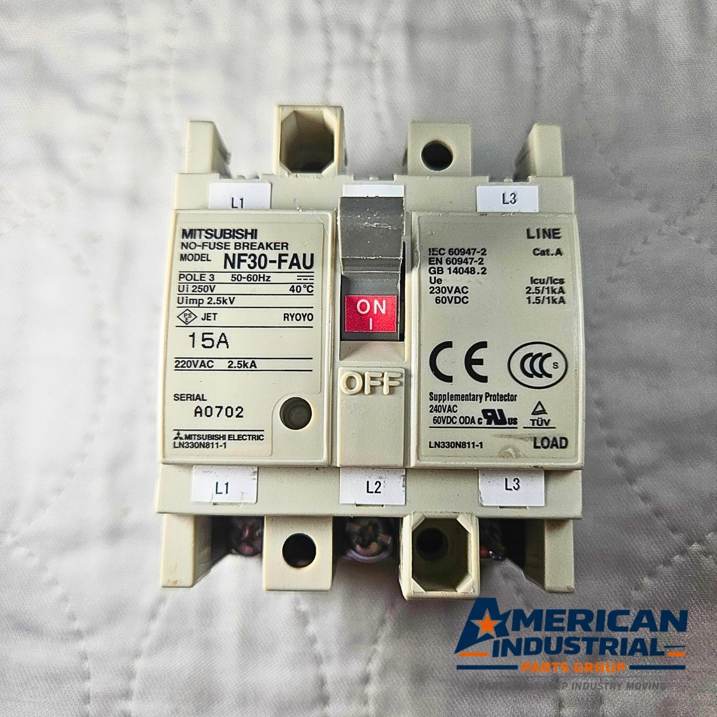 Mitsubishi Electric NF30-FAU circuit breaker for industrial automation and MRO electrical panel applications. American Industrial Parts Group.