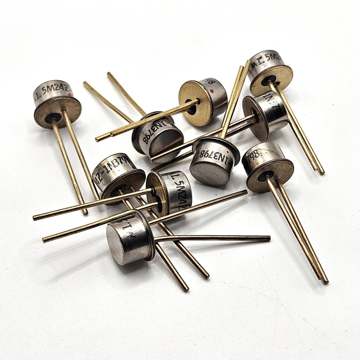 Lot of 10 Motorola 1N3798 24V 5W Zener diodes metal axial can ECG-5137A for voltage regulation and electronic repair from American Industrial Parts Group
