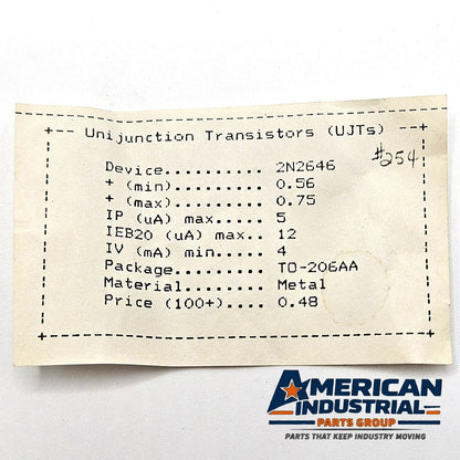 Motorola 2N2646 unijunction transistor UJT TO-18 for timing and trigger circuits from American Industrial Parts Group