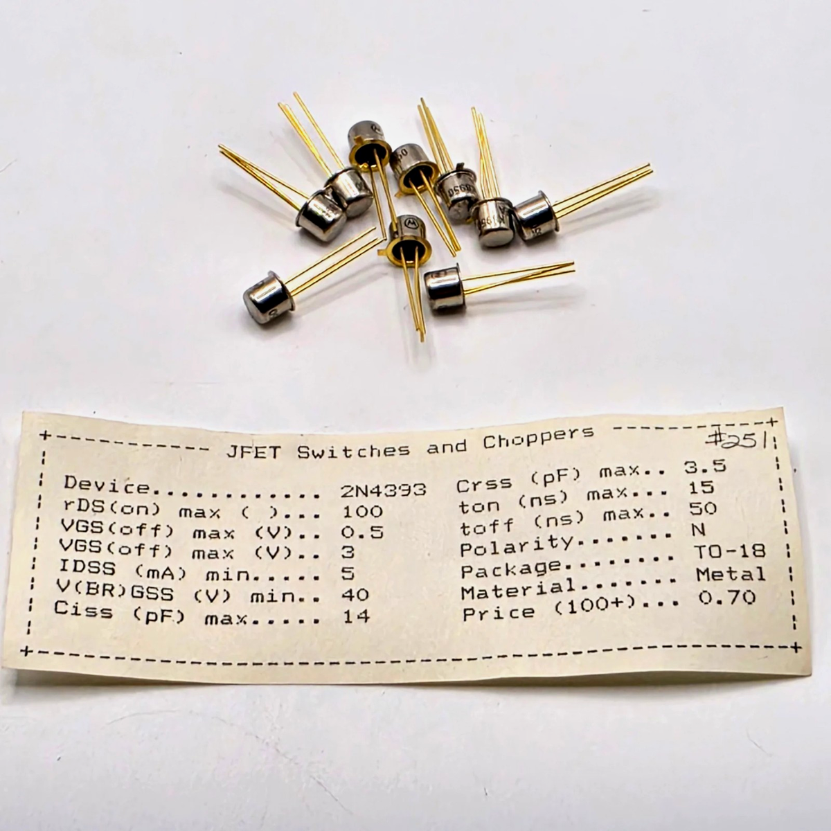 Lot of 10 Motorola 2N4393 N-channel JFET switches TO-18 metal can gold leads for analog switching repair from American Industrial Parts Group