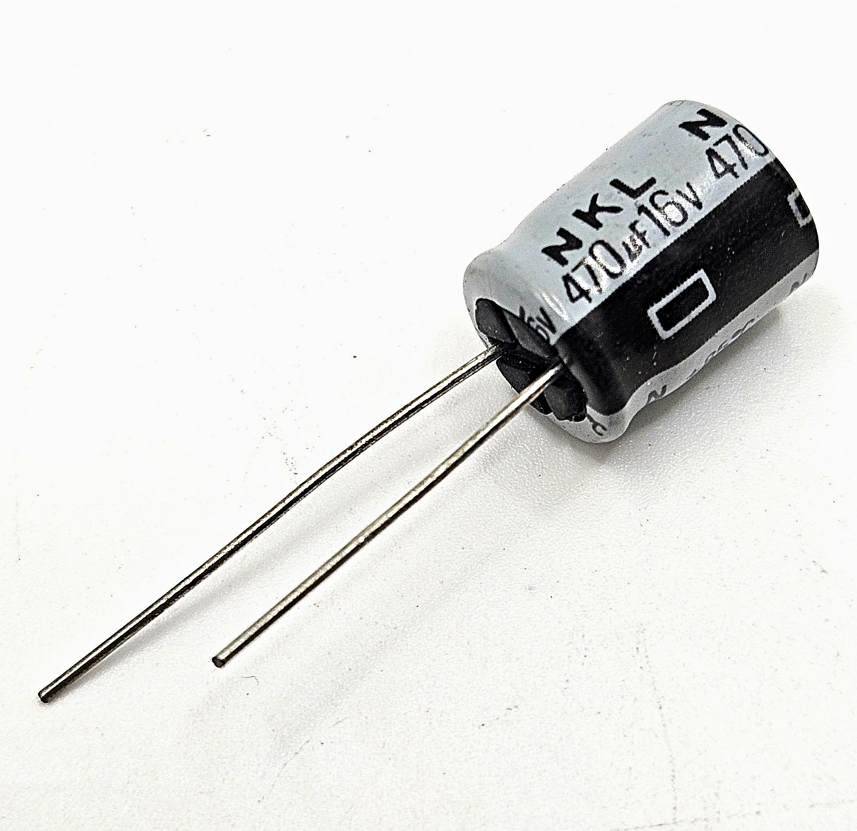Nichicon KL series 470uF 16V 85C radial aluminum electrolytic capacitor for power supply, audio, and circuit board repair