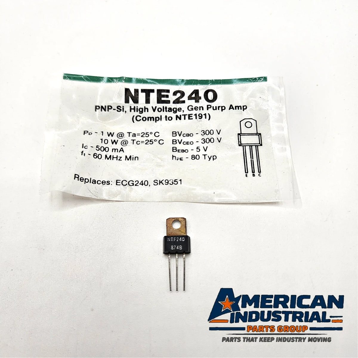 NTE Electronics NTE240 PNP silicon high voltage transistor 300V 0.5A TO-202N for video and luminance output stages
