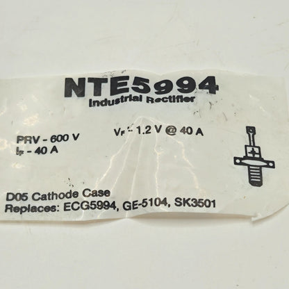 NTE Electronics NTE5994 600V 40A silicon power rectifier DO-5 stud mount cathode to case for power supply and battery charger repair