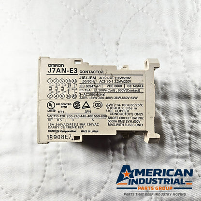 Omron J7AN-E3 contactor 3-pole 24VDC coil 15A DIN rail for motor control and industrial automation systems