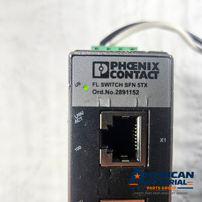Phoenix Contact FL SFN 5TX ethernet module label detail. American Industrial Parts Group.