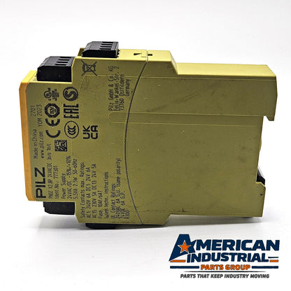 Pilz 777301 PNOZ X2.8P safety relay 24VAC/DC 3 N/O 1 N/C for E-STOP and safety gate monitoring in industrial machinery