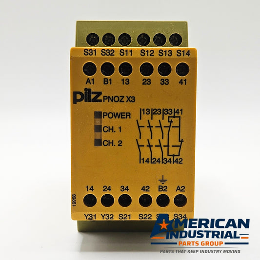 Pilz PNOZ X3 774316 control relay front view, 3NO 1NC industrial automation MRO relay component. American Industrial Parts Group.