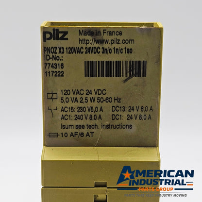 Pilz PNOZ X3 774316 control relay label detail, 120VAC 24VDC industrial automation MRO relay module. American Industrial Parts Group.
