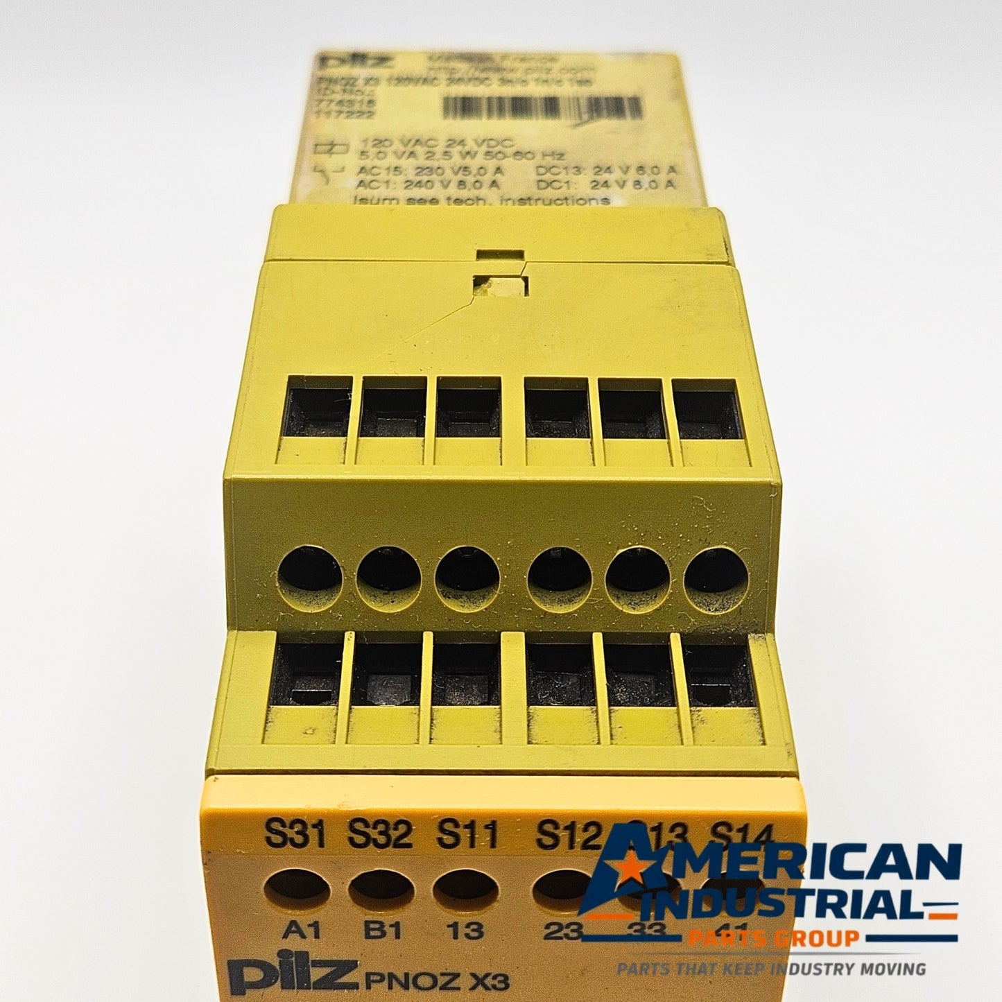 Pilz PNOZ X3 774316 control relay mounting view, industrial automation MRO control panel relay. American Industrial Parts Group.