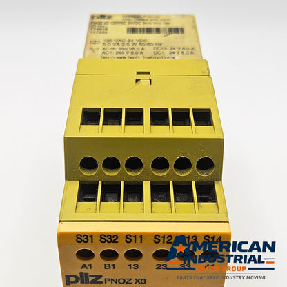 Pilz PNOZ X3 774316 control relay mounting view, industrial automation MRO control panel relay. American Industrial Parts Group.