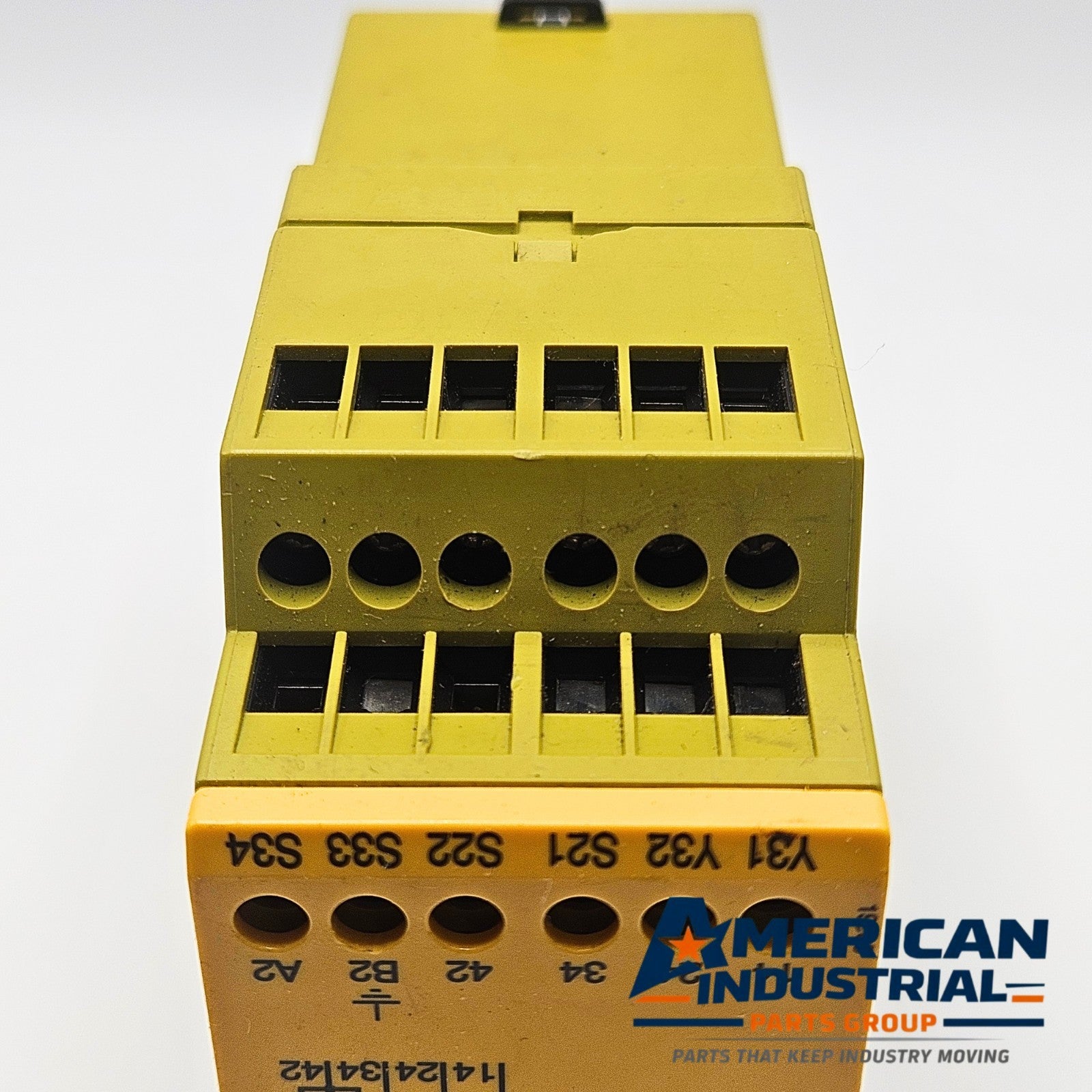 Pilz PNOZ X3 774316 control relay rear view, industrial automation MRO machine control component. American Industrial Parts Group.