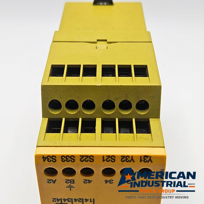 Pilz PNOZ X3 774316 control relay rear view, industrial automation MRO machine control component. American Industrial Parts Group.