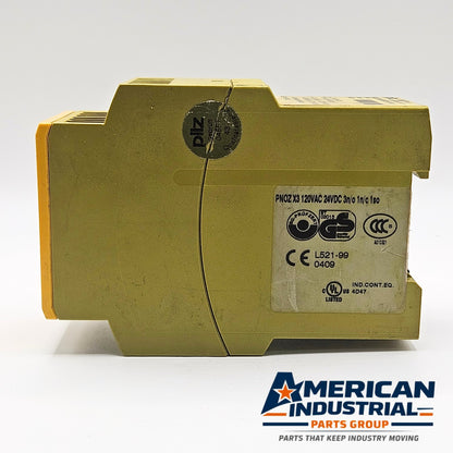 Pilz PNOZ X3 774316 control relay side view, industrial automation MRO relay component. American Industrial Parts Group.