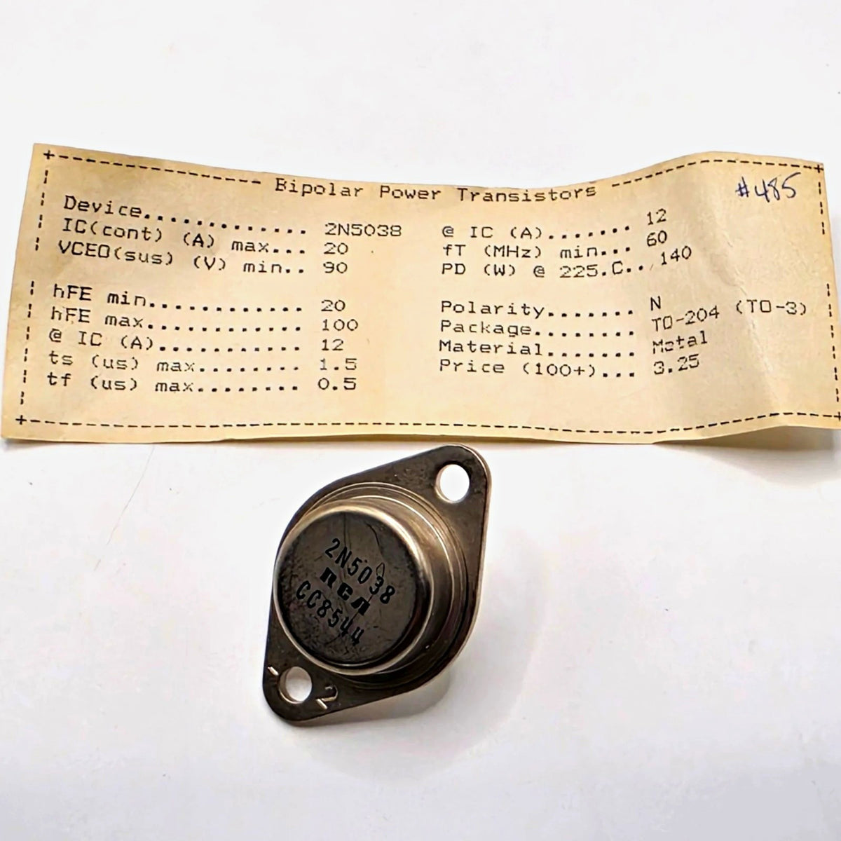 RCA 2N5038 NPN power transistor 90V 20A 140W TO-3 from American Industrial Parts Group