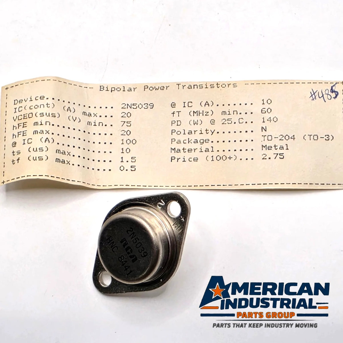 RCA 2N5039 NPN power transistor 75V 20A 140W TO-3 from American Industrial Parts Group
