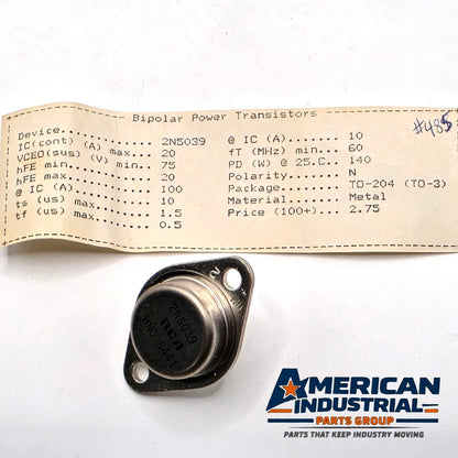 RCA 2N5039 NPN power transistor 75V 20A 140W TO-3 from American Industrial Parts Group