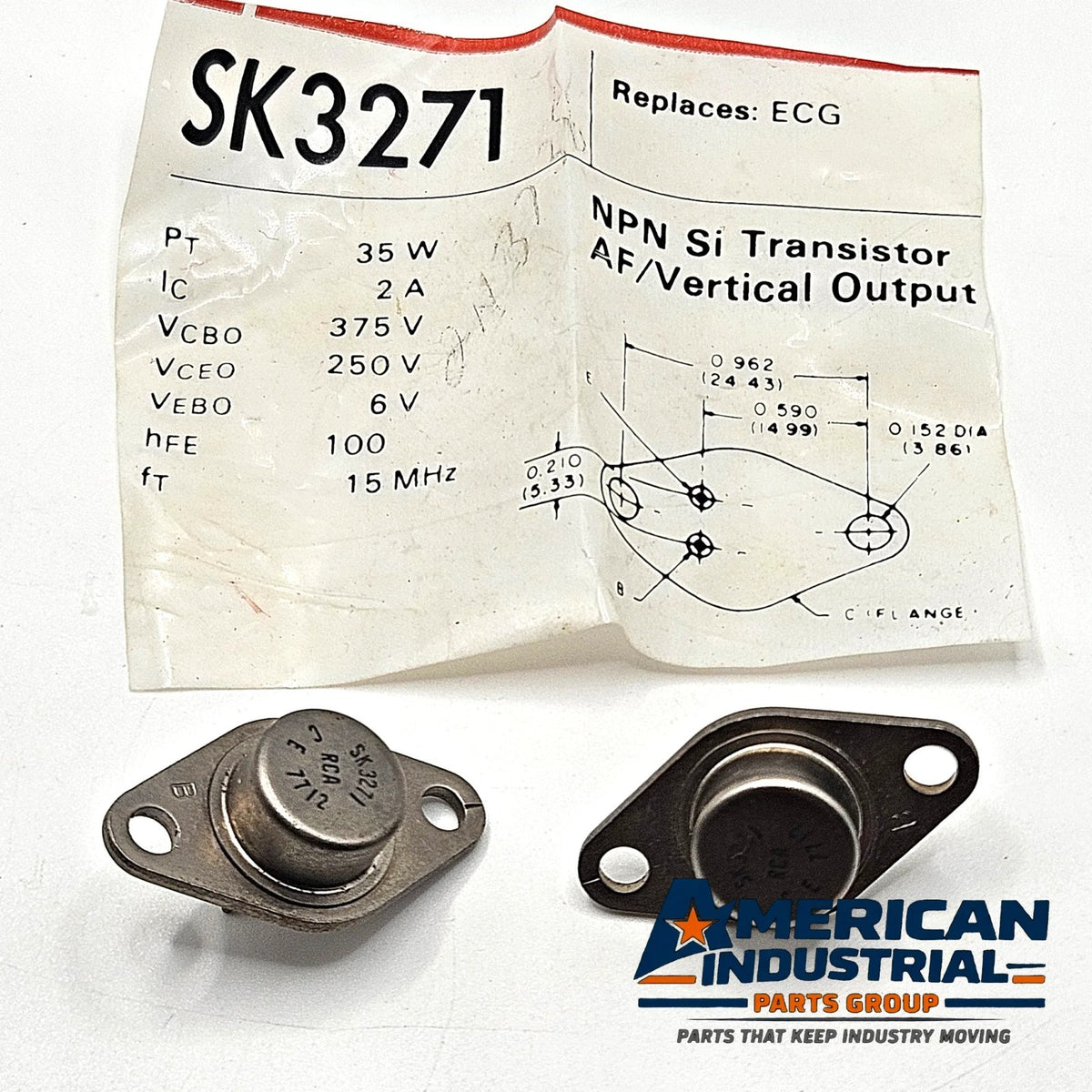 RCA SK3271 NPN silicon transistor TO-66 35W 250V lot of 2 for AF output and TV vertical output repair
