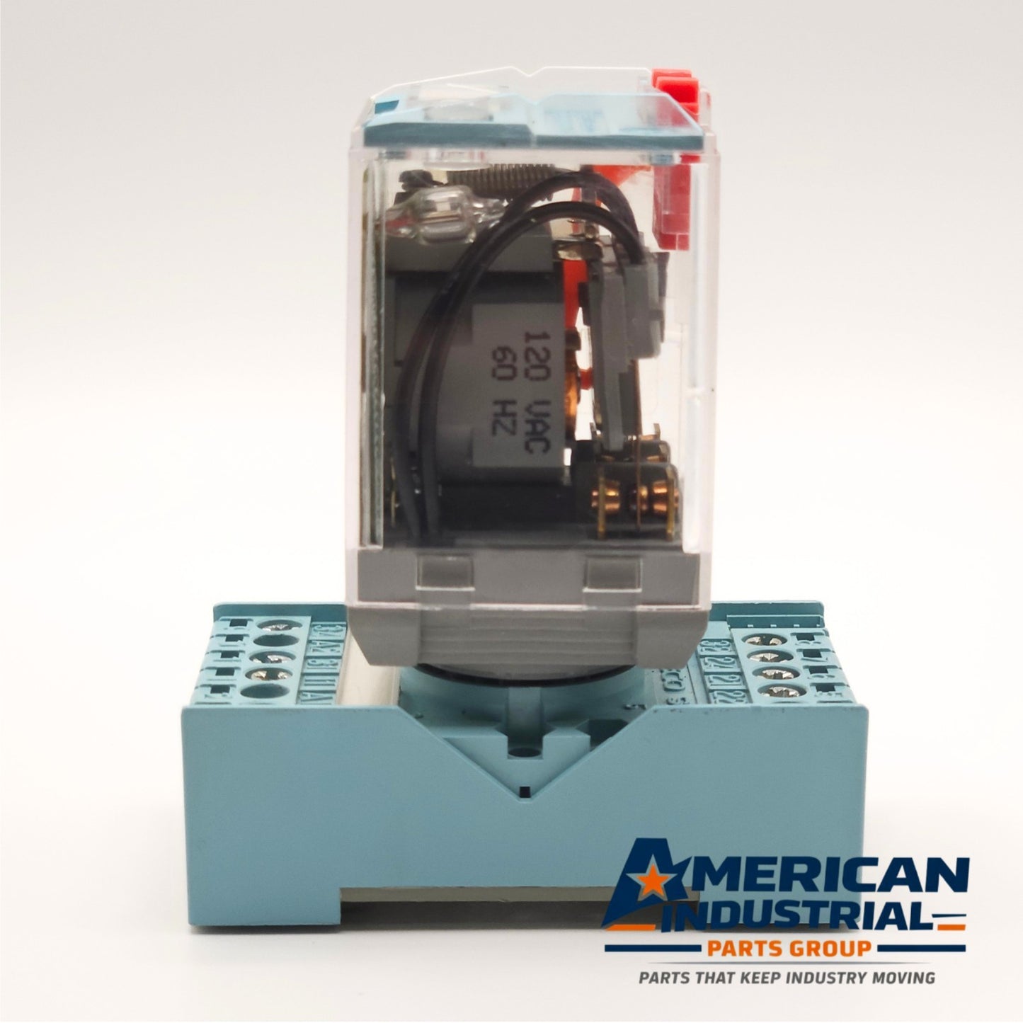 Releco C3-A30 24VDC plug-in relay with S3-B DIN rail mount view, industrial automation MRO panel relay component. American Industrial Parts Group.
