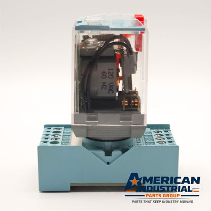 Releco C3-A30 24VDC plug-in relay with S3-B DIN rail mount view, industrial automation MRO panel relay component. American Industrial Parts Group.