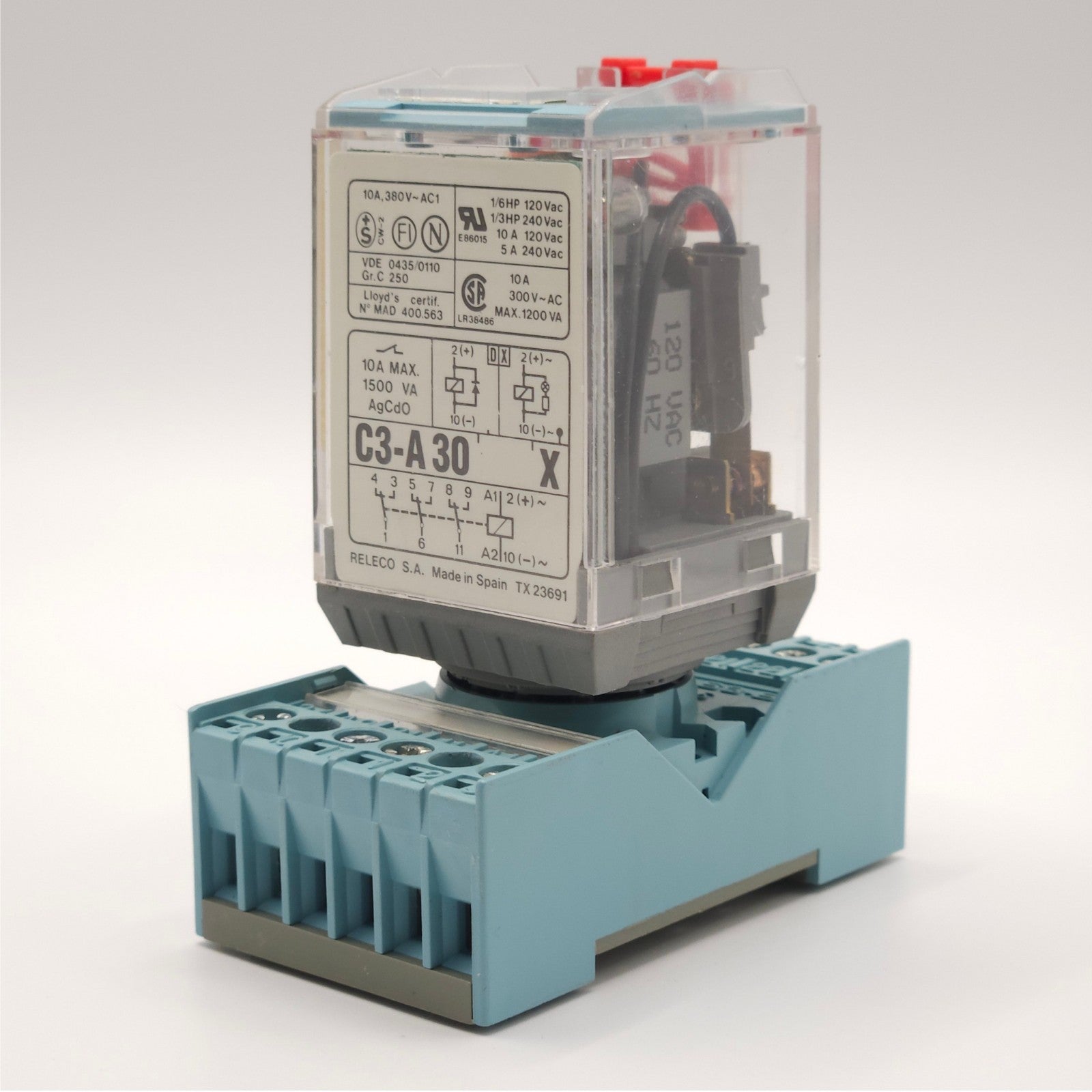 Releco C3-A30 24VDC plug-in relay with S3-B DIN rail socket overview, industrial automation MRO control relay component. American Industrial Parts Group.