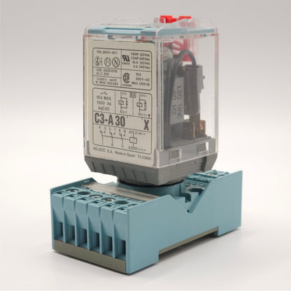 Releco C3-A30 24VDC plug-in relay with S3-B DIN rail socket overview, industrial automation MRO control relay component. American Industrial Parts Group.