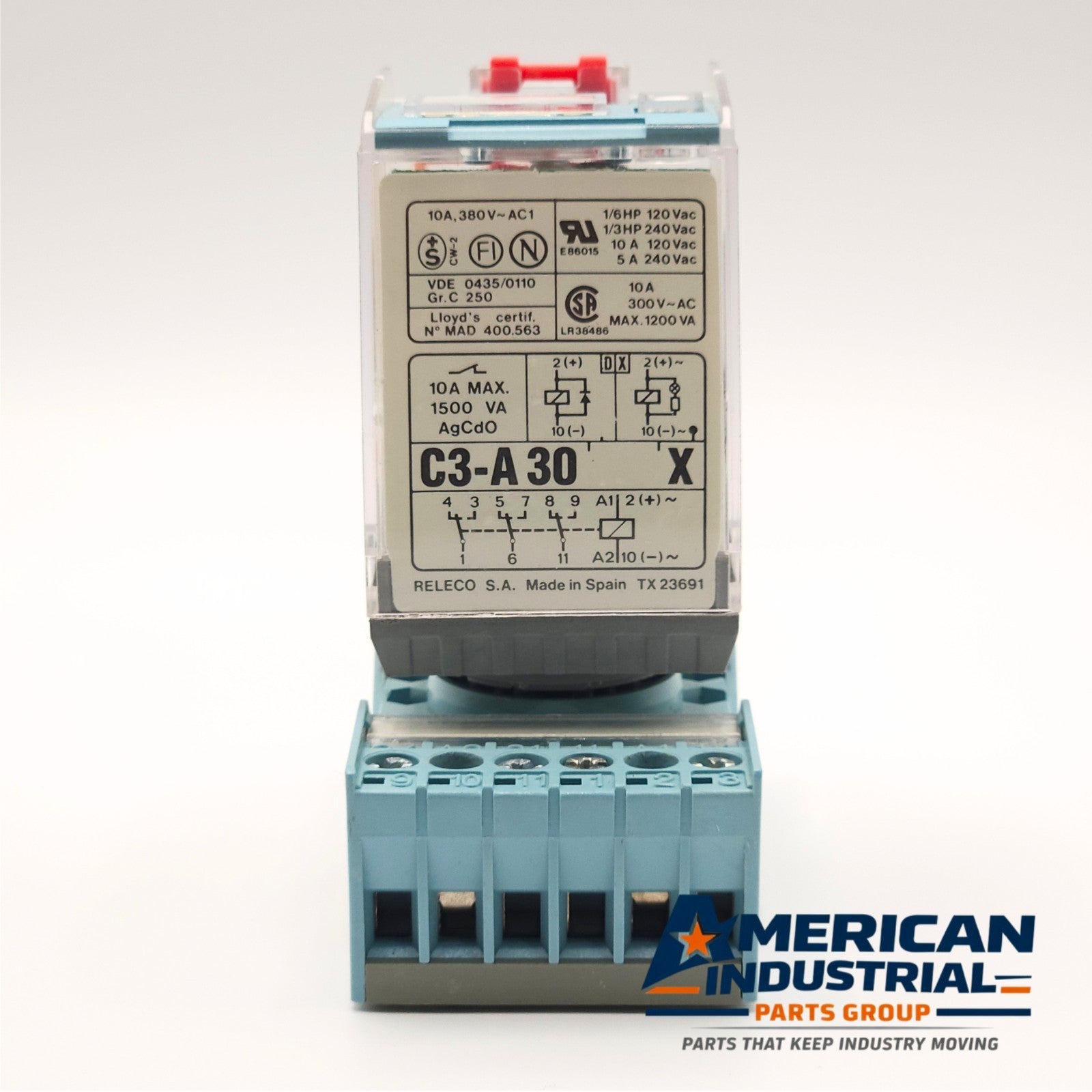 Releco C3-A30 24VDC plug-in relay and S3-B socket front view, industrial automation MRO relay socket component. American Industrial Parts Group.