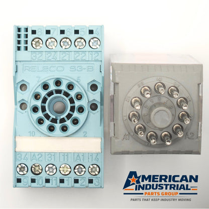 Releco C3-A30 24VDC relay with S3-B socket pin detail, industrial automation MRO relay base component. American Industrial Parts Group.