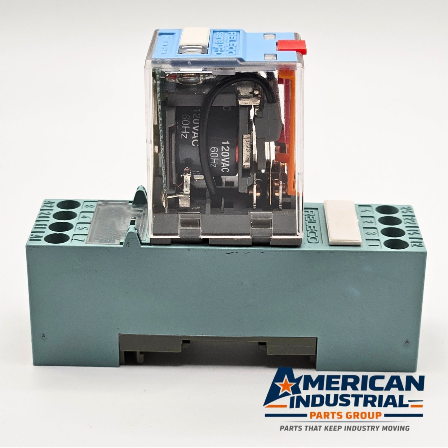 Releco C7-A20X relay with S7-MP socket base 120VAC DIN rail for industrial control panels and automation systems