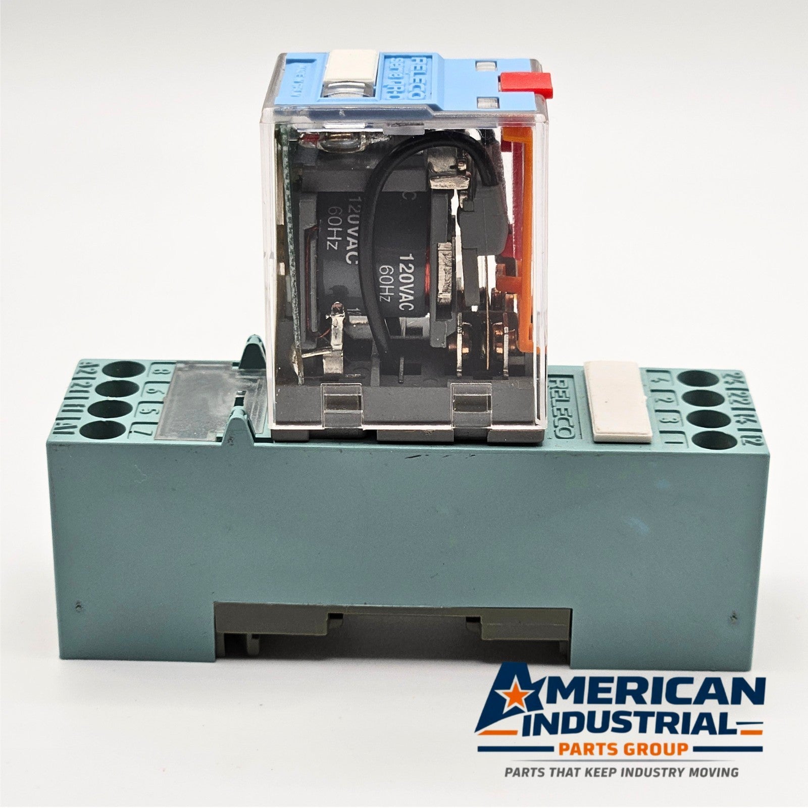 Releco C7-A20X relay with S7-MP socket base 120VAC DIN rail for industrial control panels and automation systems