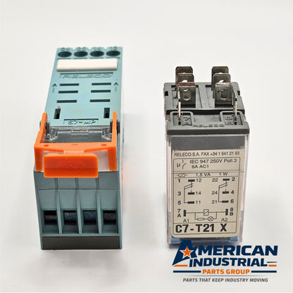 Releco C7-T21X relay 120VAC with S7-MP DIN rail base lot of 5 for industrial control panels and automation systems