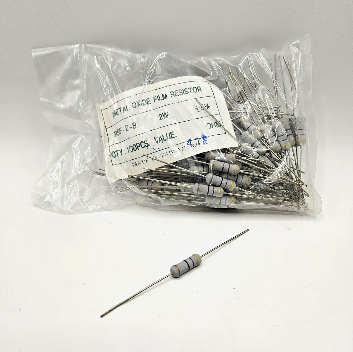 Pack of 100 RSF-2-B 47 ohm 2W 5% metal oxide film axial resistors new for circuit board repair and replacement
