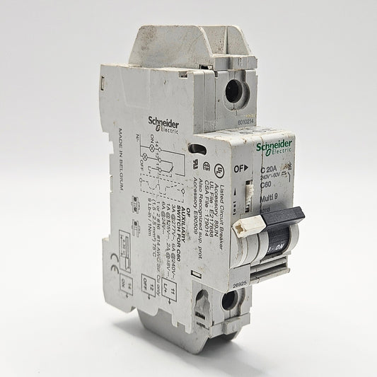 Schneider Electric Multi 9 C60 circuit breaker with auxiliary contact for industrial automation and MRO electrical panel applications. American Industrial Parts Group.